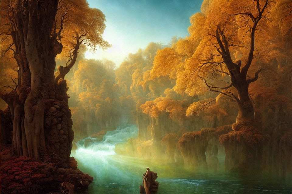 Tranquil autumn landscape with waterfall and boatman