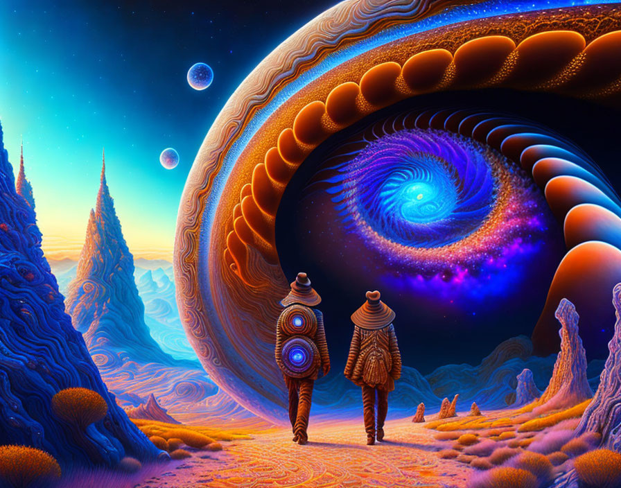 Two Figures Walking Towards Surreal Galaxy in Fantastical Landscape