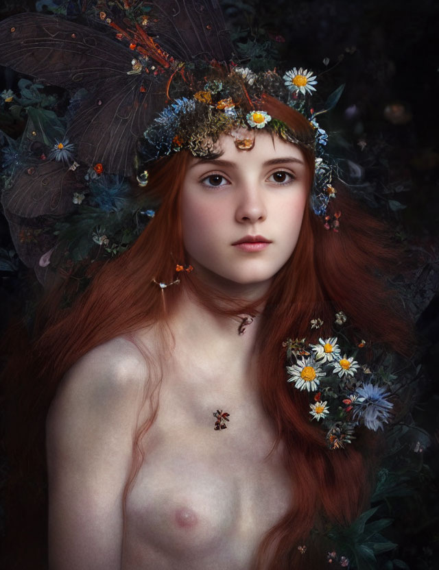 Fantasy portrait of red-haired fairy with floral headband and daisies in dark foliage.