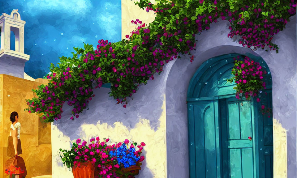 Colorful Mediterranean Scene with Woman by Turquoise Door