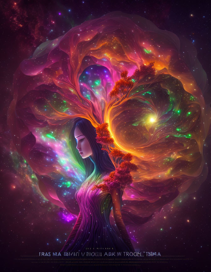 Colorful Woman Blending Into Cosmic Nebula with Tree-Like Patterns