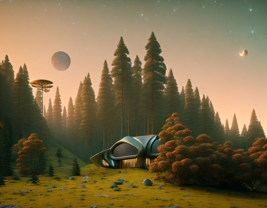 Futuristic pod-shaped house in forest with alien landscape at sunrise or sunset