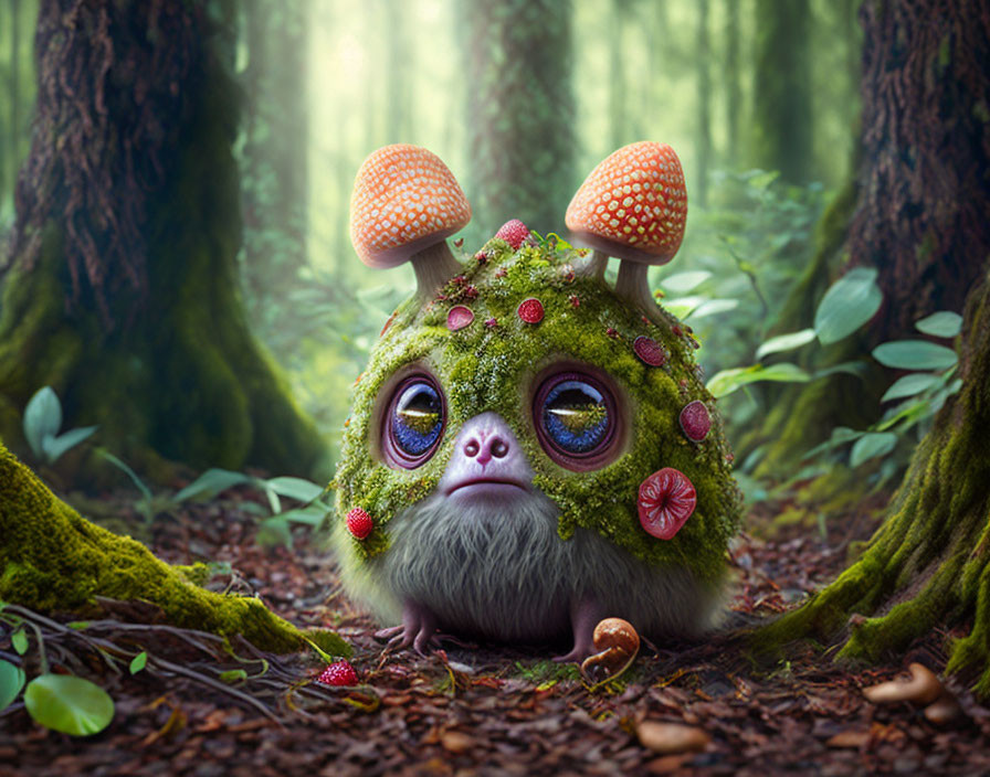 Fantastical creature with large eyes in enchanted forest setting