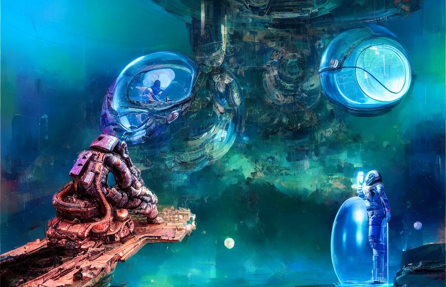 Astronauts explore underwater alien environment with futuristic structures