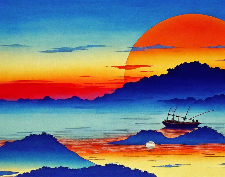 Colorful Watercolor Painting: Sunset with Red Sun, Silhouetted Mountains, Water Reflections