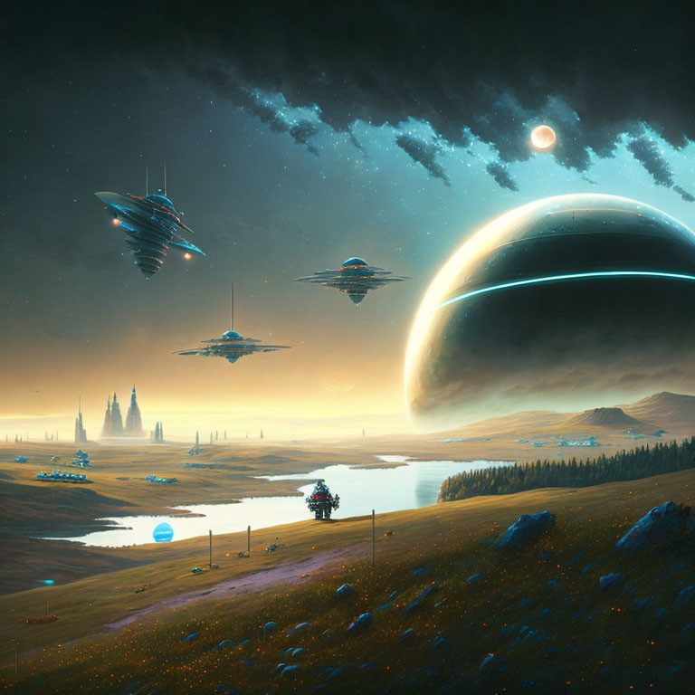 Futuristic sci-fi landscape with hovering spaceships and distant cityscape