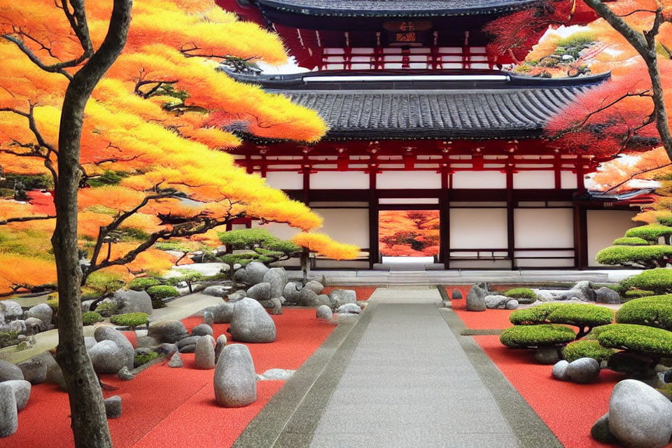 Japanese Zen Garden with Red Maple Trees and Temple Structure