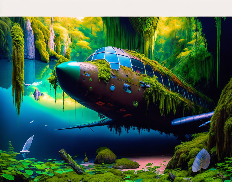 Abandoned airplane in lush forest with vibrant greenery