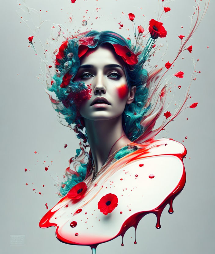 Abstract Woman Portrait with Red and White Splash, Floral and Ink Elements