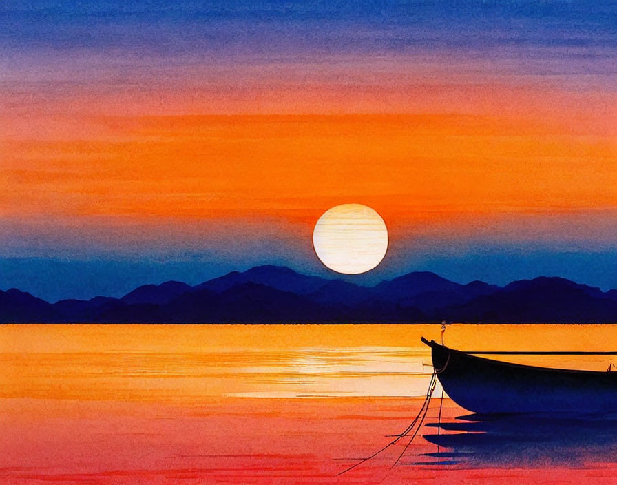 Serene sunset watercolor painting of boat and mountains.