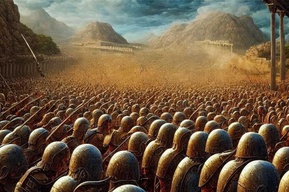 Ancient army with helmets and spears in battle formation.