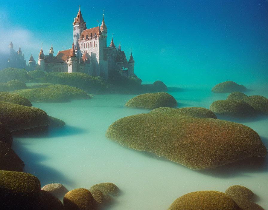 Castle on Cliff Overlooking Moss-Covered Rocks in Misty Water