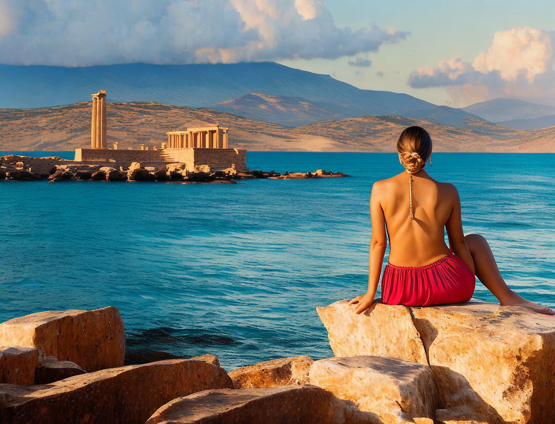 Person sitting on rocks near ancient temple at sunset by the sea