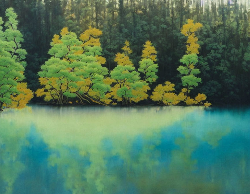 Tranquil green trees and yellow foliage reflected on blue water with dense forest background