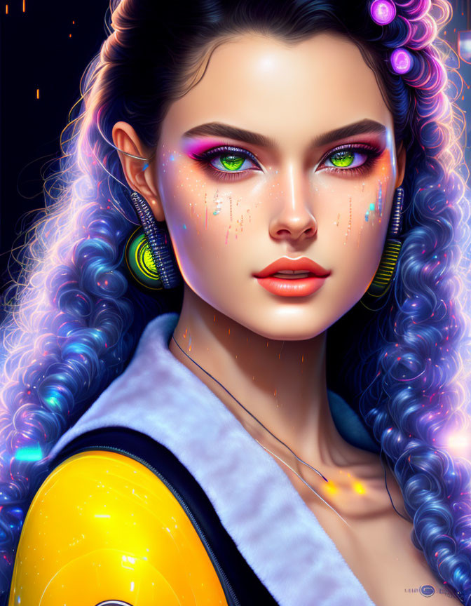 Vibrant digital portrait of a woman with green eyes and glittery makeup