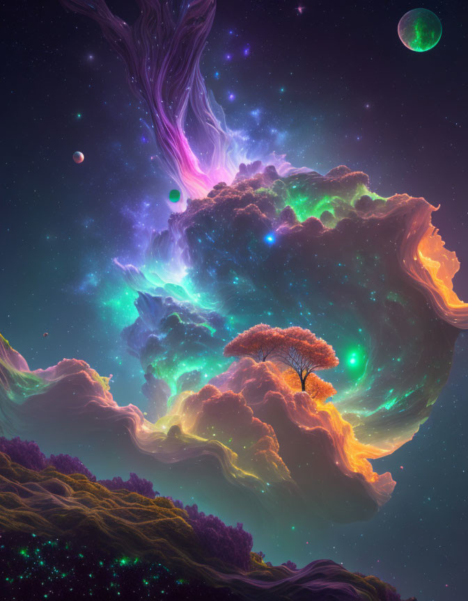 Colorful cosmic scene: swirling nebula, lone tree on crag, stars, planets - fantast