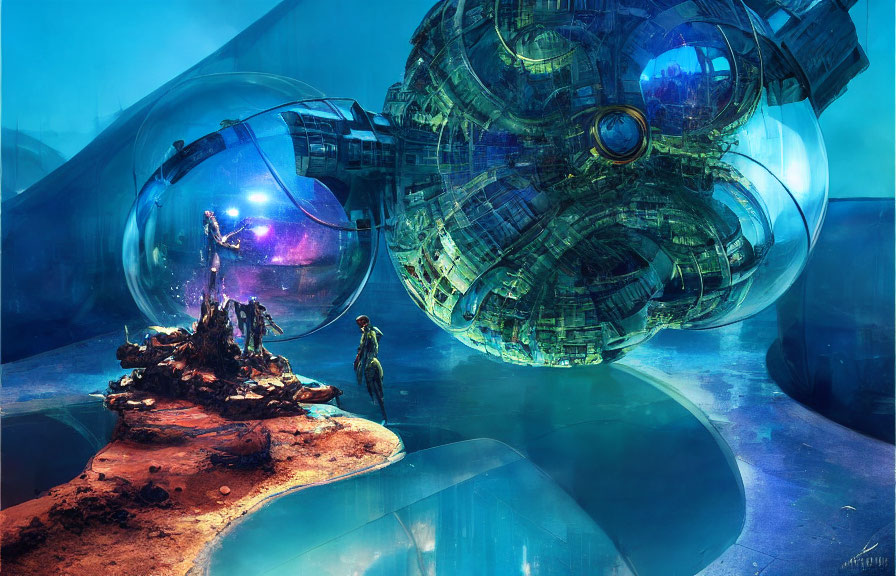 Two astronauts explore alien planet with floating spheres and futuristic tech