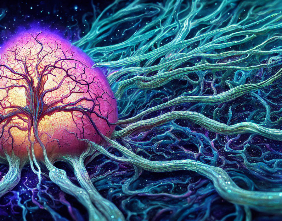 Vivid illustration of glowing purple tree with blue neuron-like tendrils