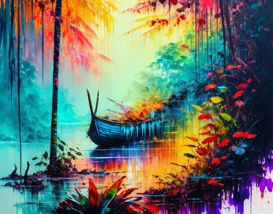 Colorful Forest Scene: Boat on Tranquil Water Reflecting Vibrant Hues