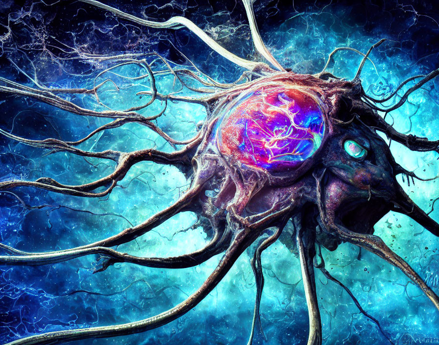 Detailed digital artwork of neuron with intricate dendrite network on blue backdrop