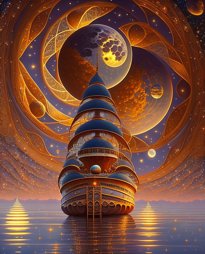 Fantastical tower reaching celestial scene with moons and stars