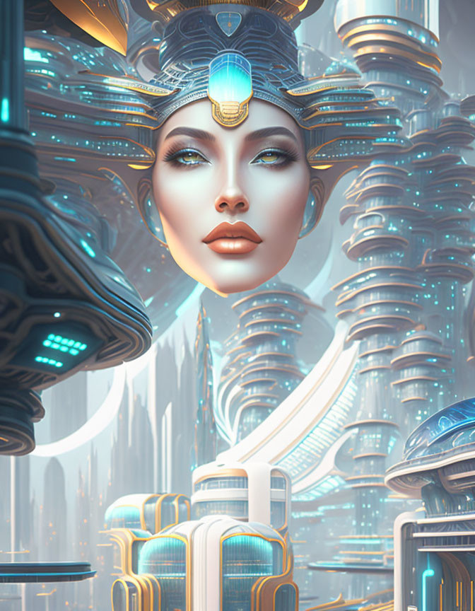 Futuristic digital artwork of female figure with intricate headdress in advanced city