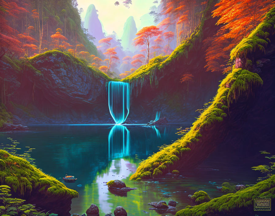 Mystical waterfall in lush autumn forest