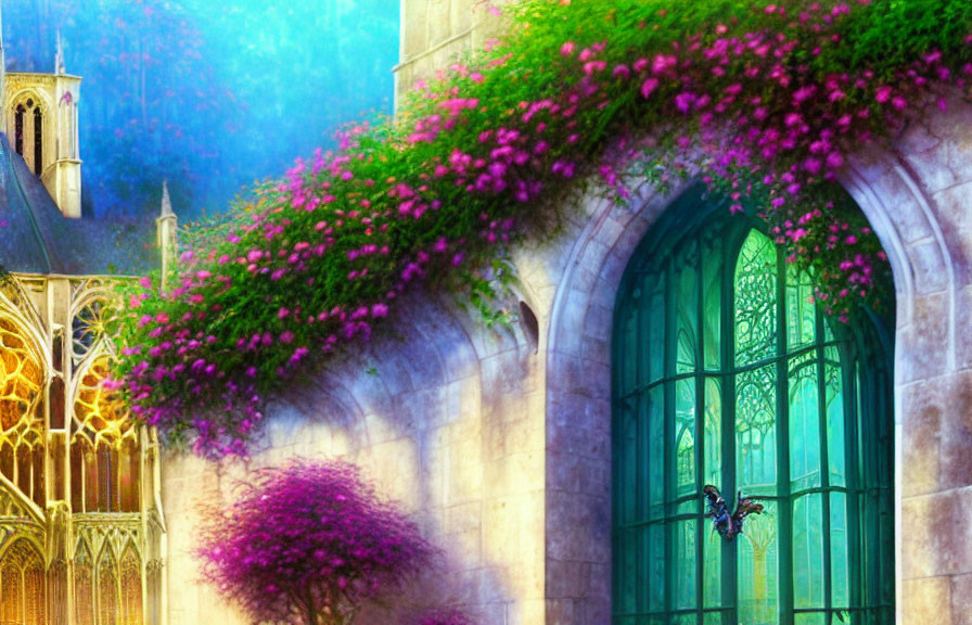 Colorful flowers adorn arched window of gothic building with stained glass