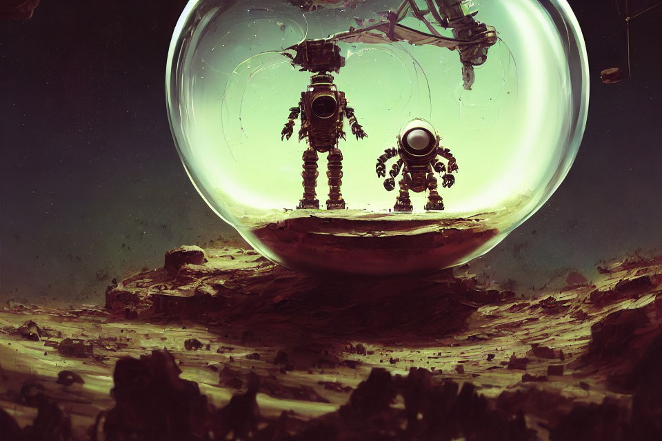 Robotic figures in transparent dome on alien planet landscape