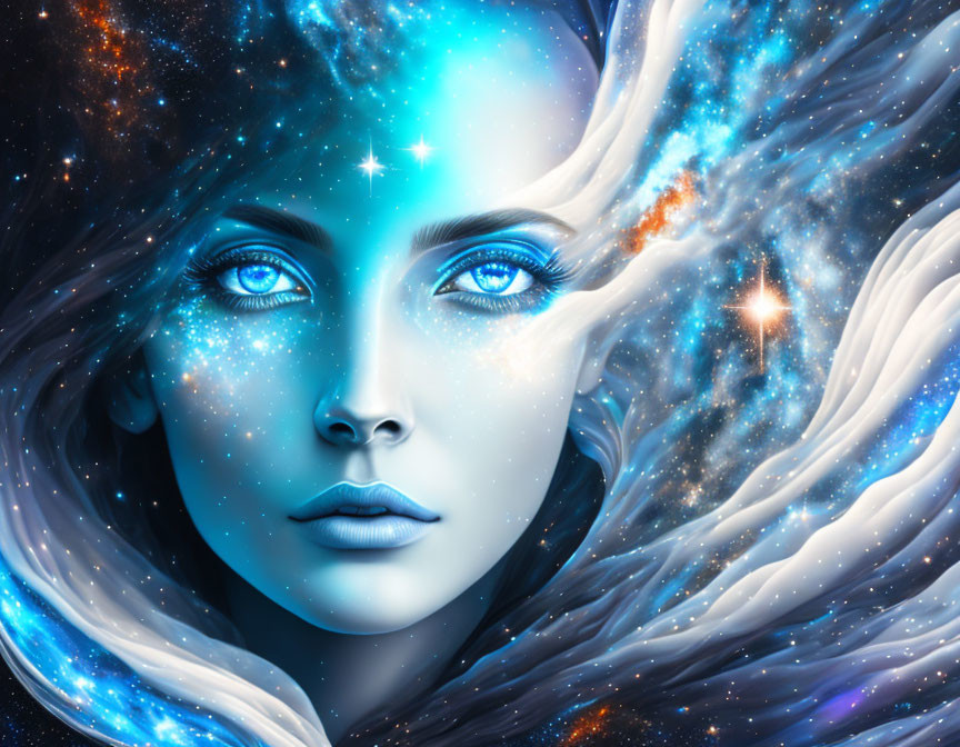 Digital art portrait: Woman with galaxy-themed skin and hair blending into cosmic backdrop.