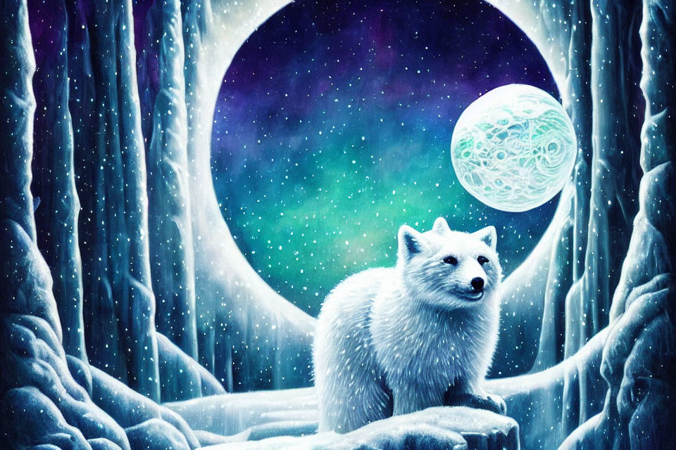 White fox in snowy landscape with icy columns under cosmic sky.