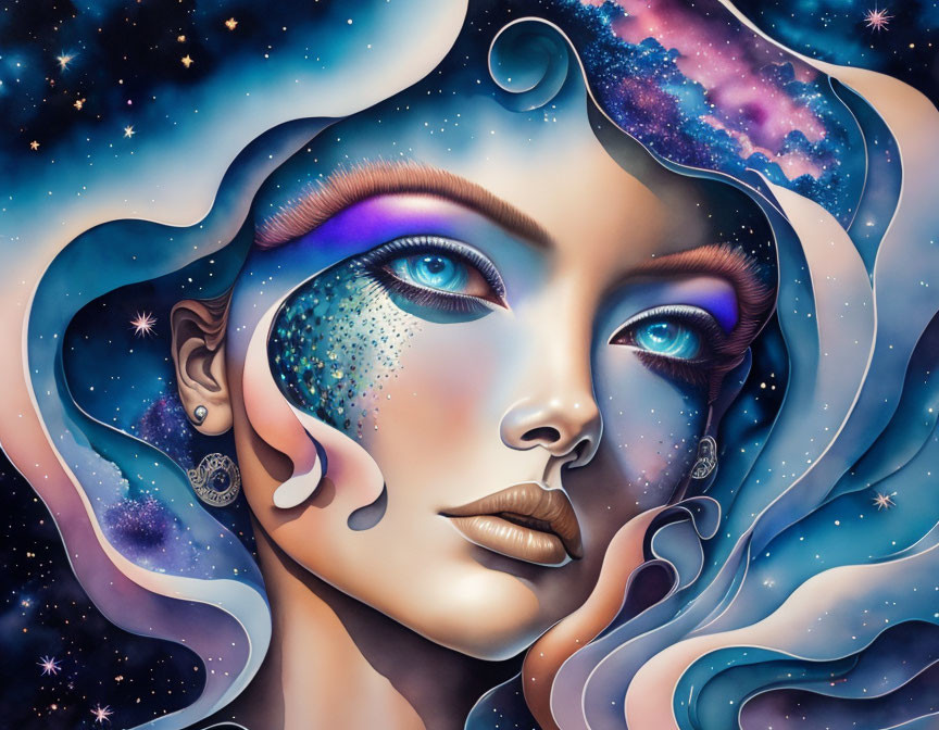 Vibrant cosmic-themed portrait of a woman with stars and nebula patterns