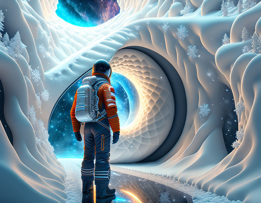 Astronaut in surreal icy landscape with futuristic architecture