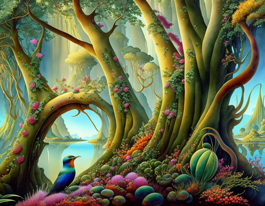 Colorful forest scene with waterfalls, trees, flowers & peacock.