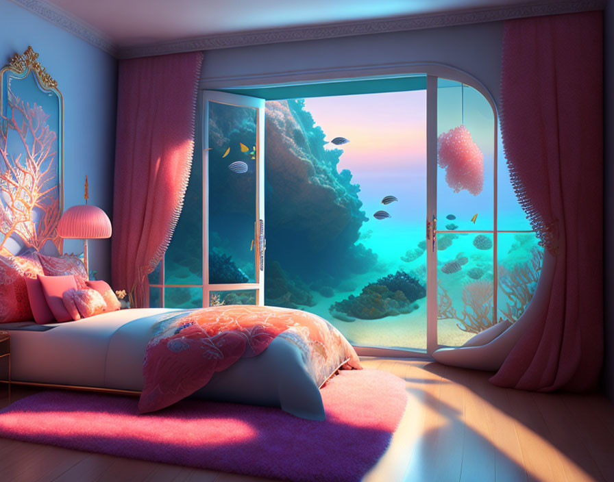 Undersea View Bedroom with Coral Reefs and Fish