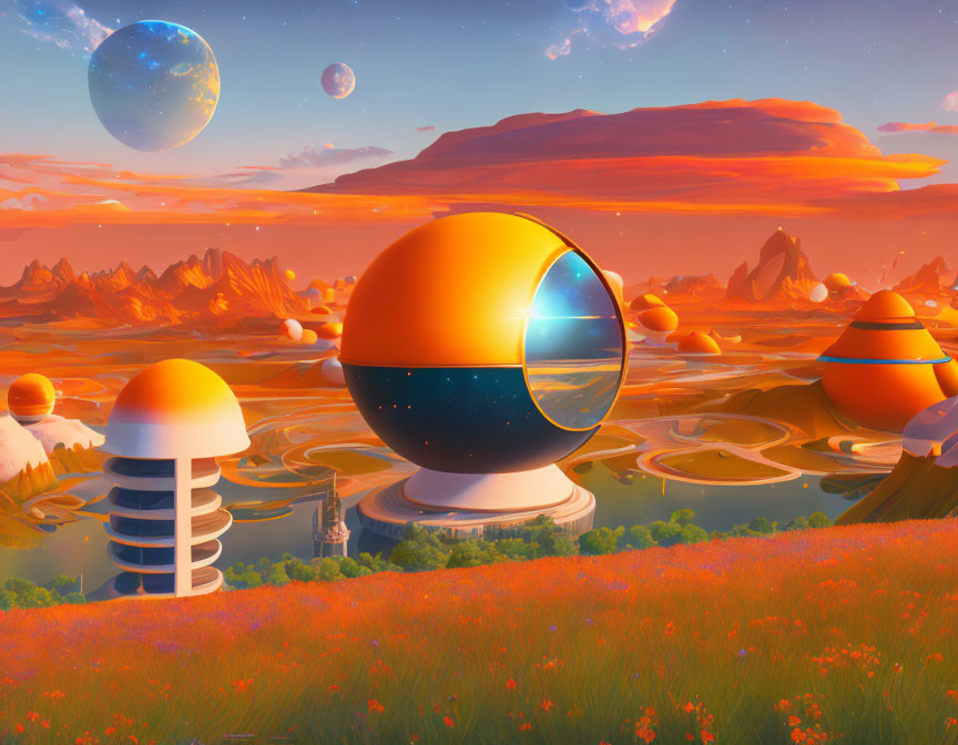 Surreal futuristic landscape with alien sky and reflective sphere