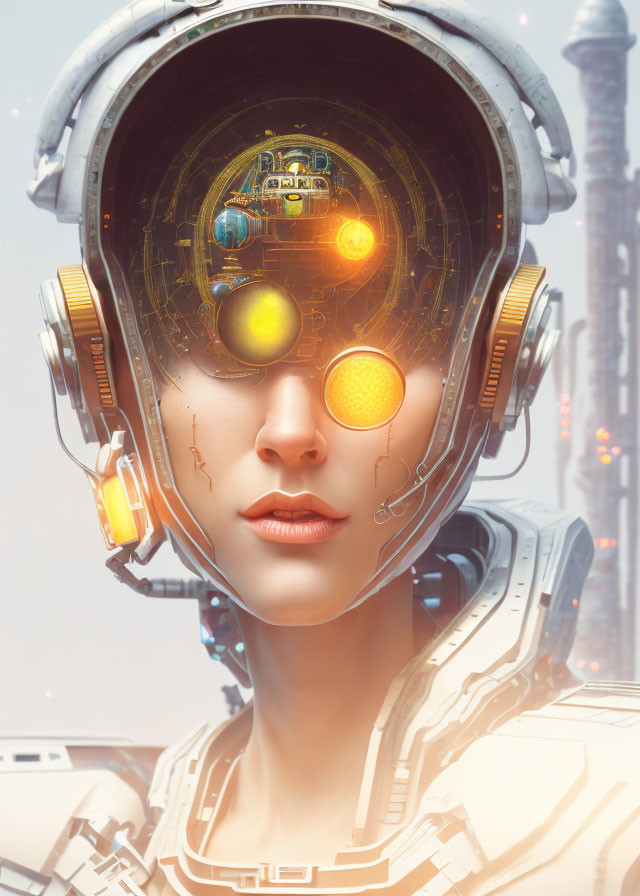 Transparent helmet female android with intricate circuitry on soft-lit cityscape.