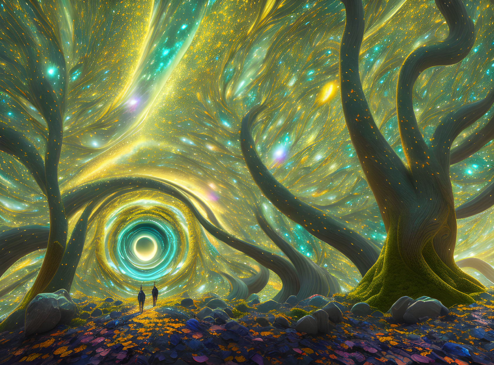 Person standing before swirling vortex in starry skies and colorful forest.