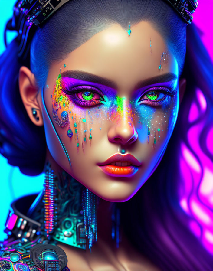 Digital artwork: Woman with green eyes, neon face paint, cyberpunk accessories