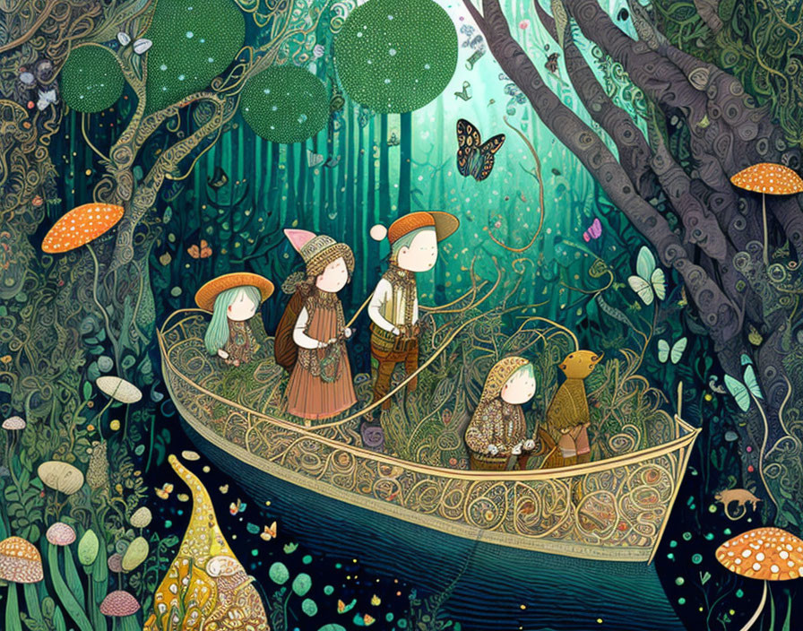 Four children in boat in enchanted forest with oversized mushrooms