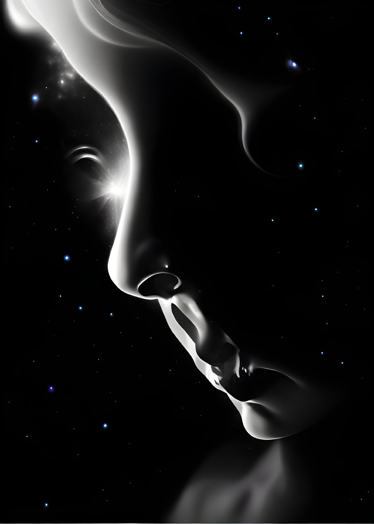 Monochrome surreal image of woman's face merging with starry space background