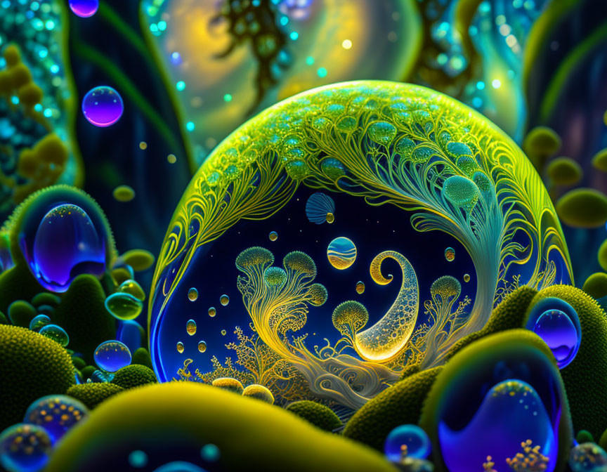 Colorful digital artwork: central spherical motif with intricate patterns in blues, greens, and yellows