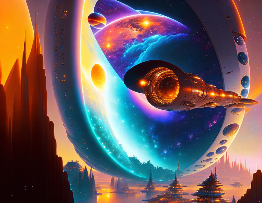 Futuristic sci-fi scene: spaceship near ringed planet & colorful nebulae