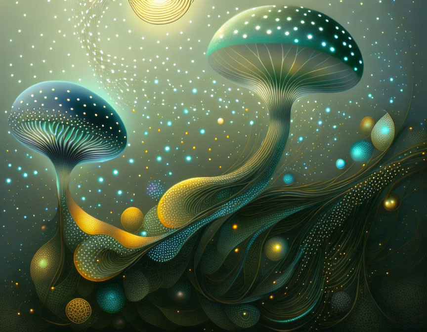 Surreal digital artwork: Glowing bioluminescent mushrooms in dreamy landscape