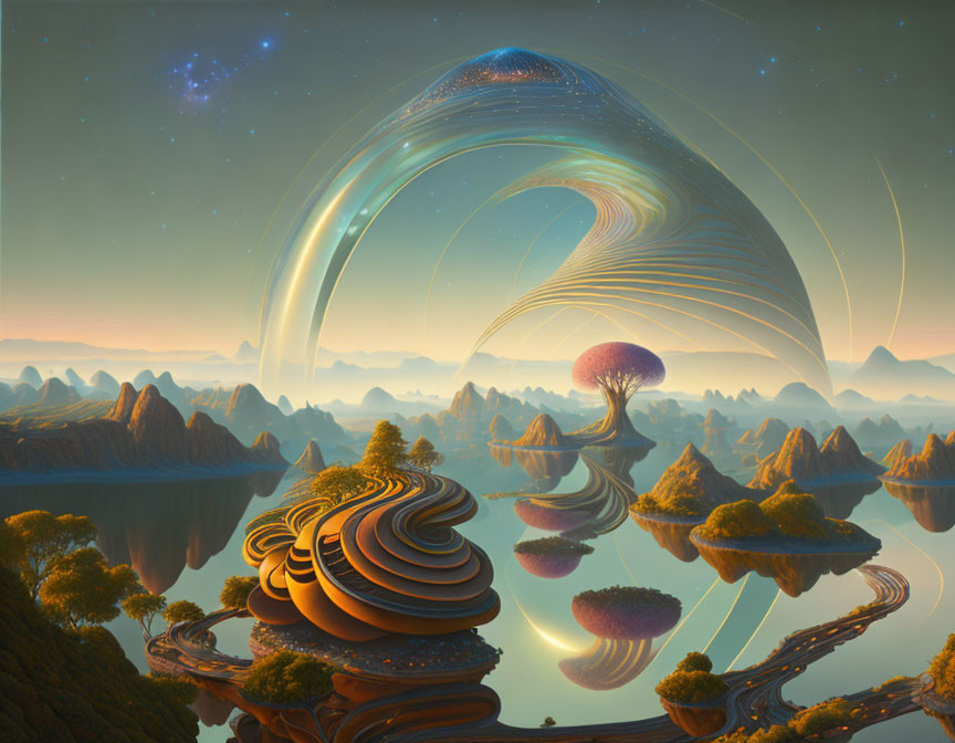 Serene landscape with terraced hills, reflective lake, fantastical trees, and cosmic arcs