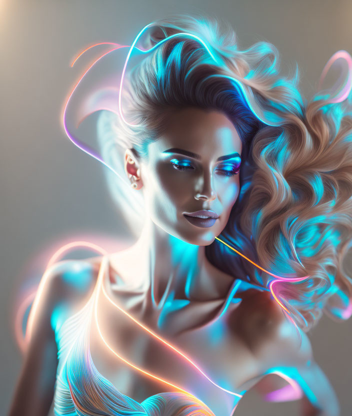 Neon Outlined Woman with Flowing Hair on Subdued Background