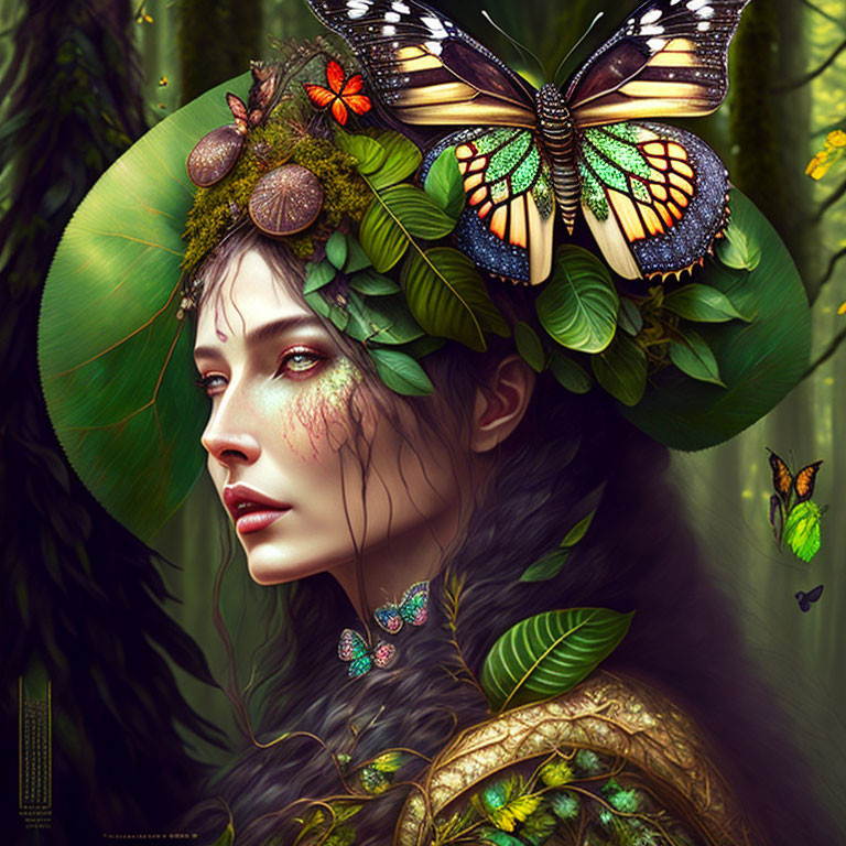 Fantasy illustration of woman adorned with greenery and butterflies