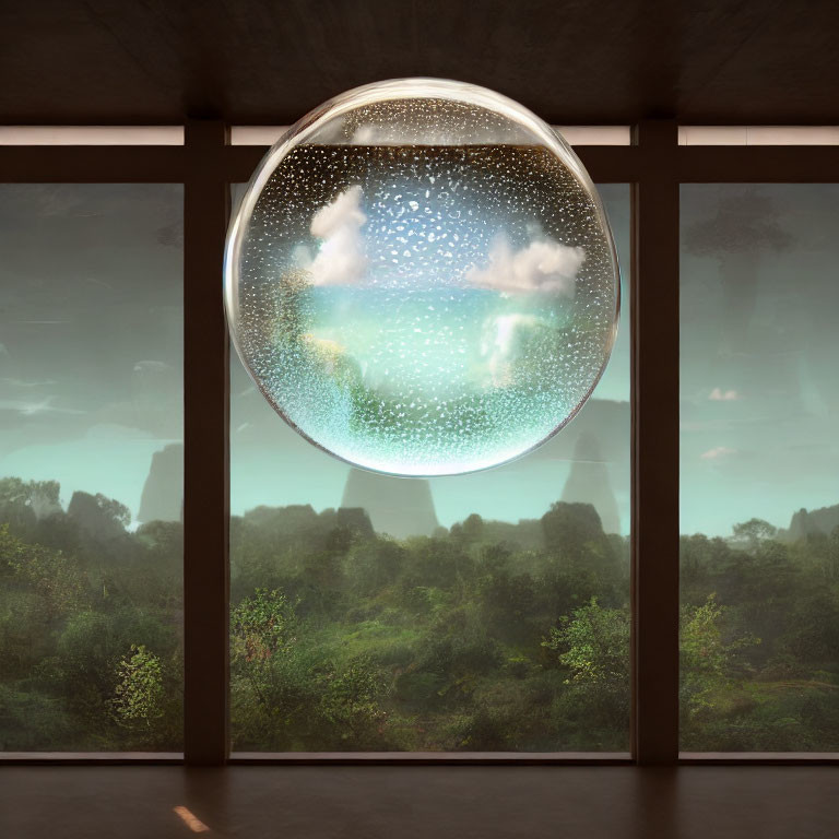 Circular surreal window with galaxy vista and forest landscape contrast