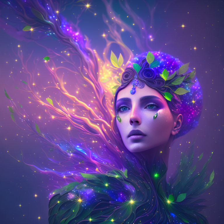 Galaxy-themed woman with cosmic headpiece and ethereal aura surrounded by stars.