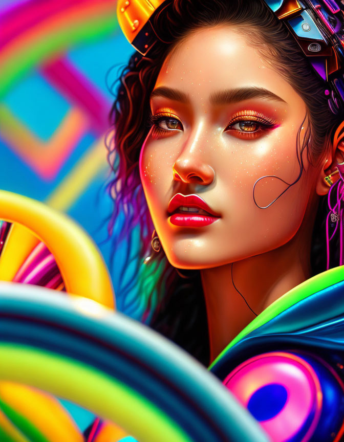 Colorful Makeup Woman Portrait Amid Abstract Neon Shapes